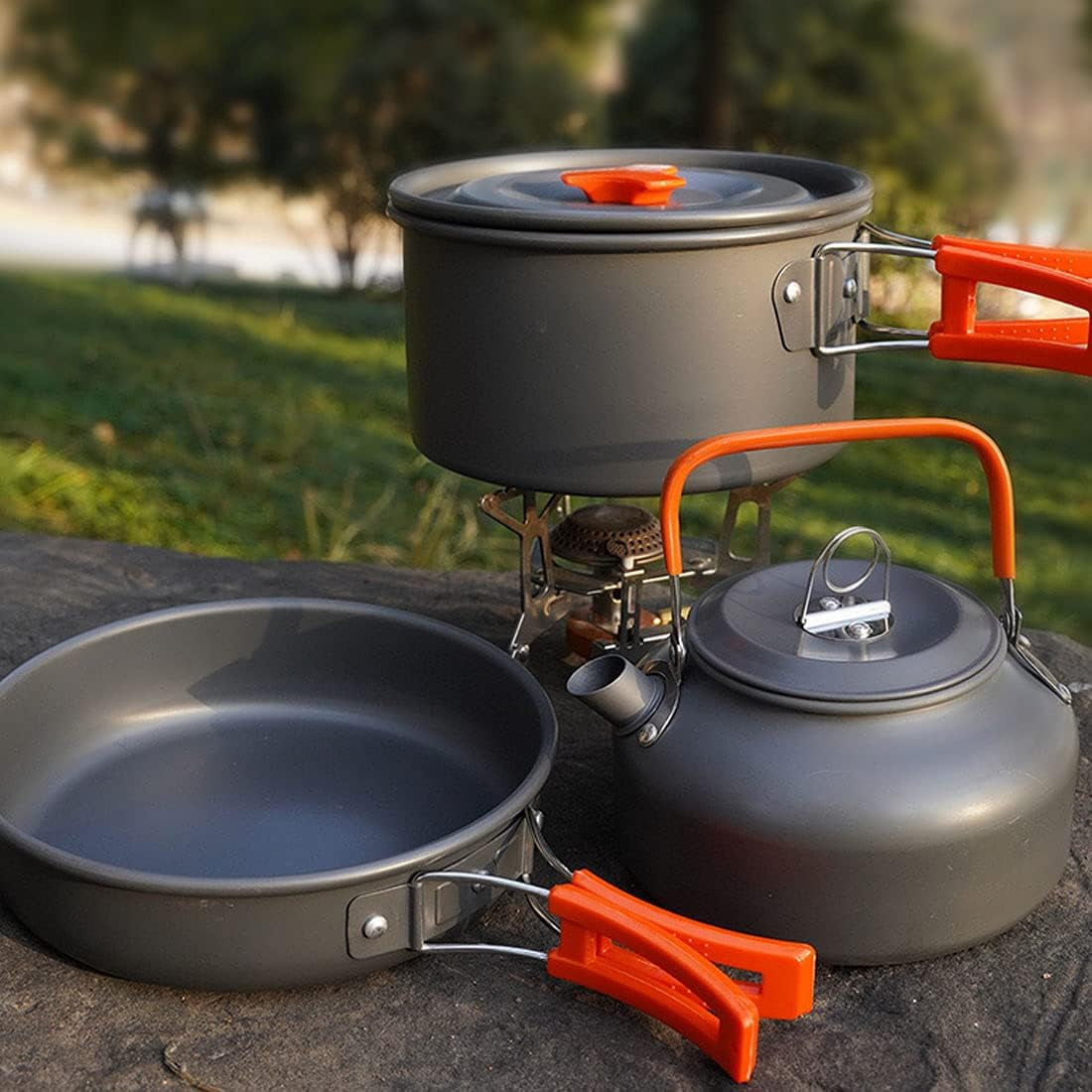 Camping Cookware Kettle Mess Kit - Camping Cooking Set Stainless Steel 18/8 Plates Cup with Lids &Sleeves Cutlery - Camping Pots and Pans Set - Backpacking Gear Camp Accessories Equipment