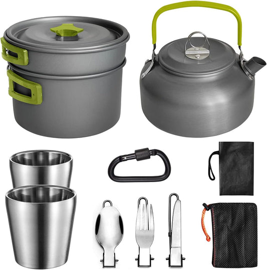 10Pcs Camping Cookware Mess Kit, Lightweight Pot Pan Kettle with 2 Cups, Fork Spoon Kit for Backpacking, Outdoor Camping Hiking and Picnic