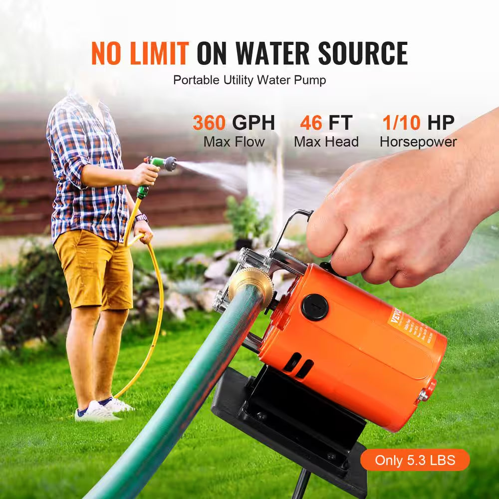 Water Transfer Pump 120- Volt AC 360 GPH 0.1 HP Portable Electric Utility Pump with 6 Ft. Hose for Garden Pool Pond