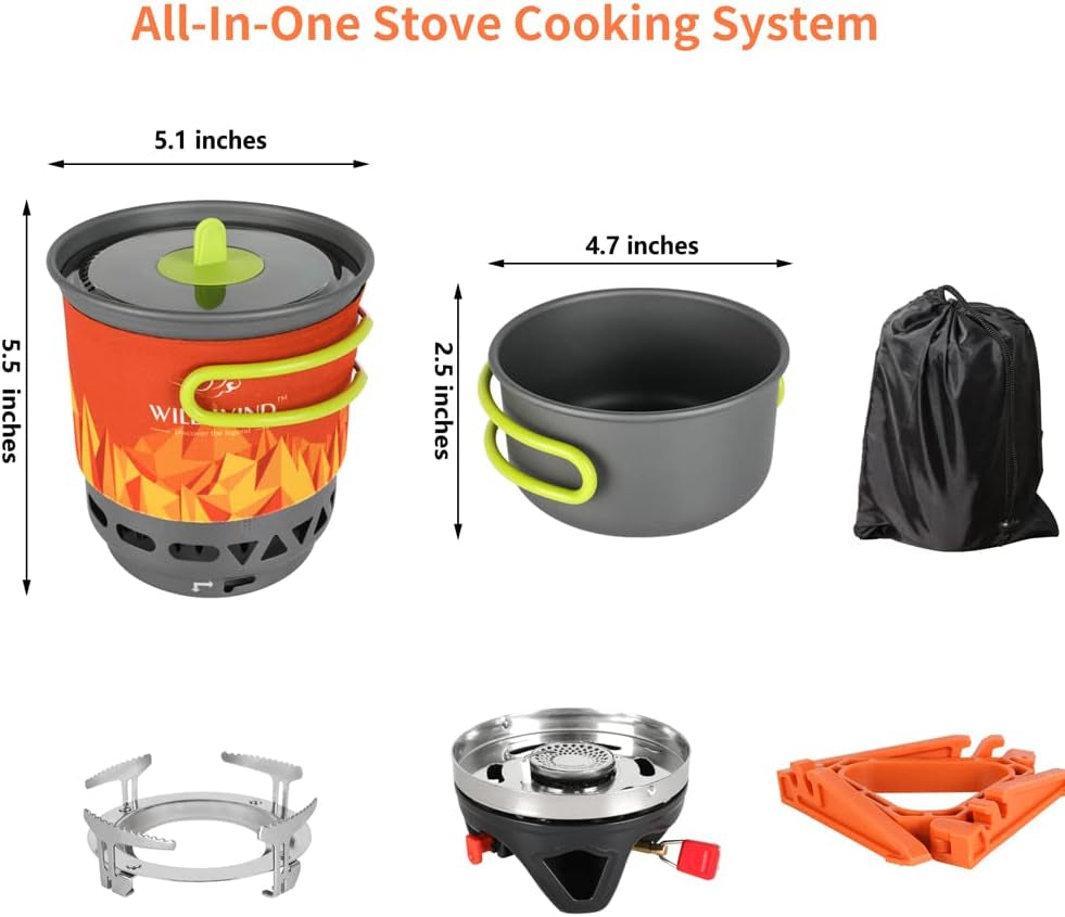 X2 Camping and Backpacking Stove Cooking System, Outdoor Portable Camp Gas Stoves Burner with 0.75L Pot & 0.25L Pan, Piezo Ignition, for Hiking, Fishing, Hunting, Orange