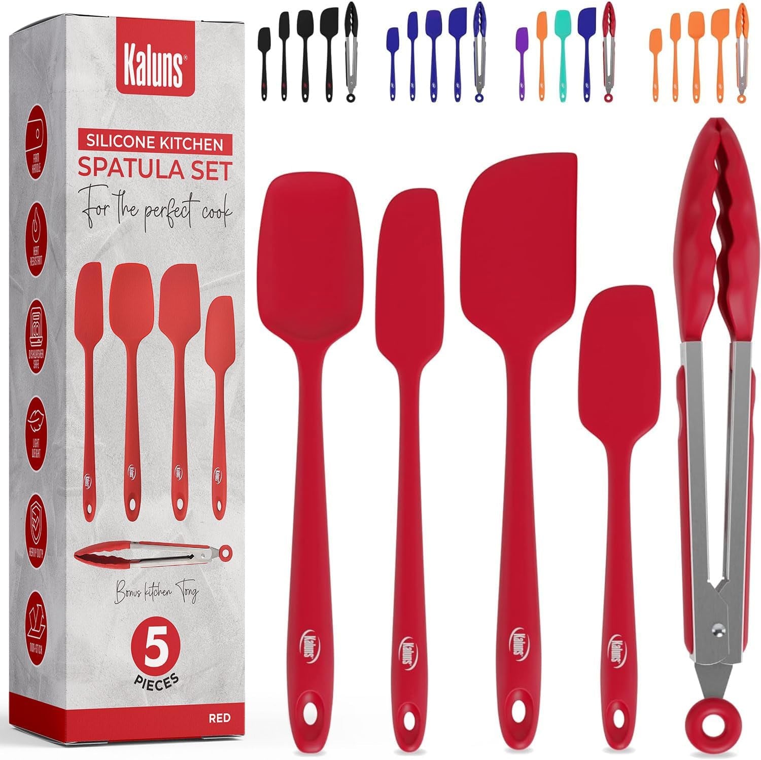 Silicone Spatula Set, 4 Rubber Spatulas 600°F Heat Resistant, Nonstick Seamless Design with Stainless Steel Core, Dishwasher Safe, BPA Free, Bonus Tongs Included