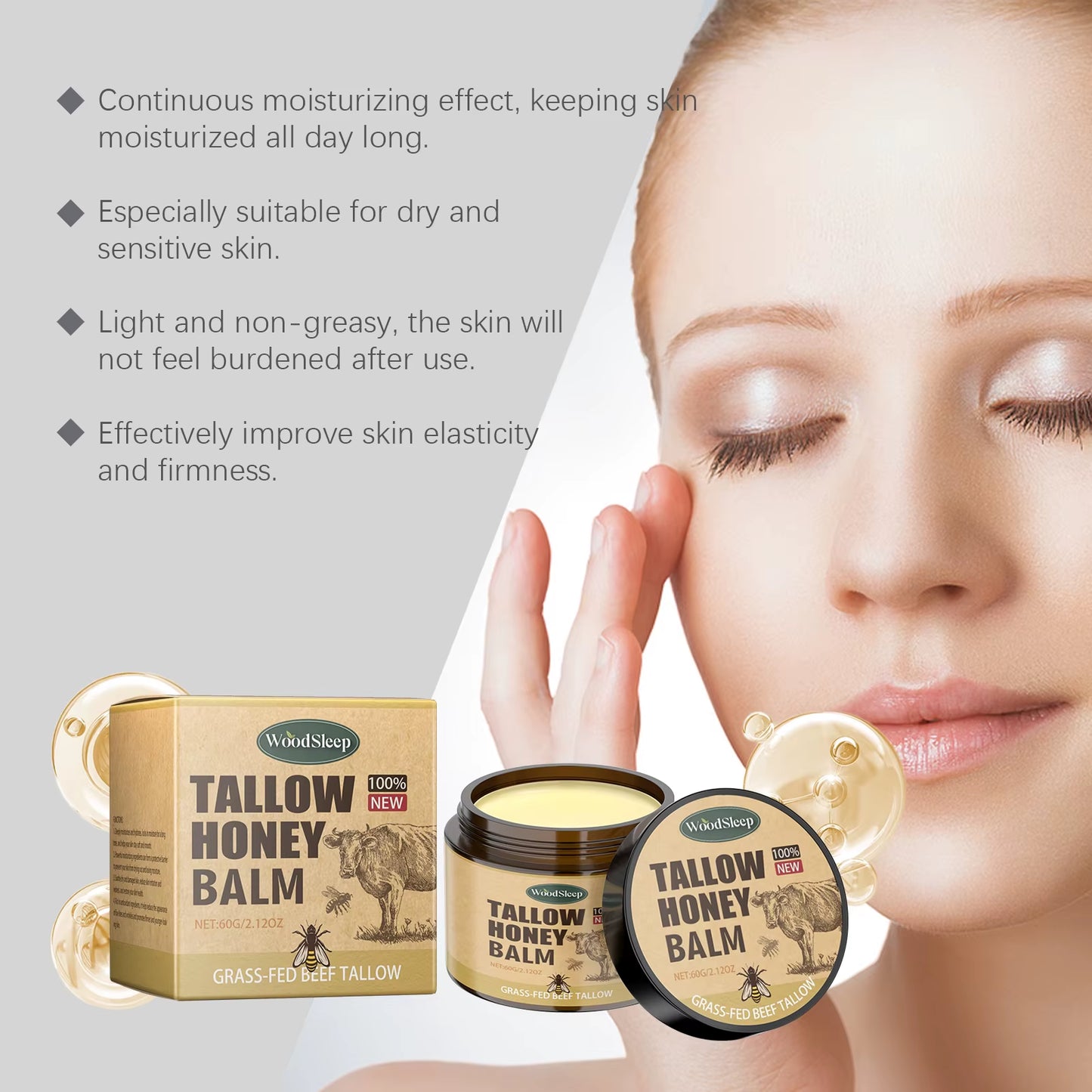 Beef Tallow Honey Balm Moisturizing Hydrating Face Cream Body Lotion Fades Fine Lines Tighten Soothen Brightening Facial Skin