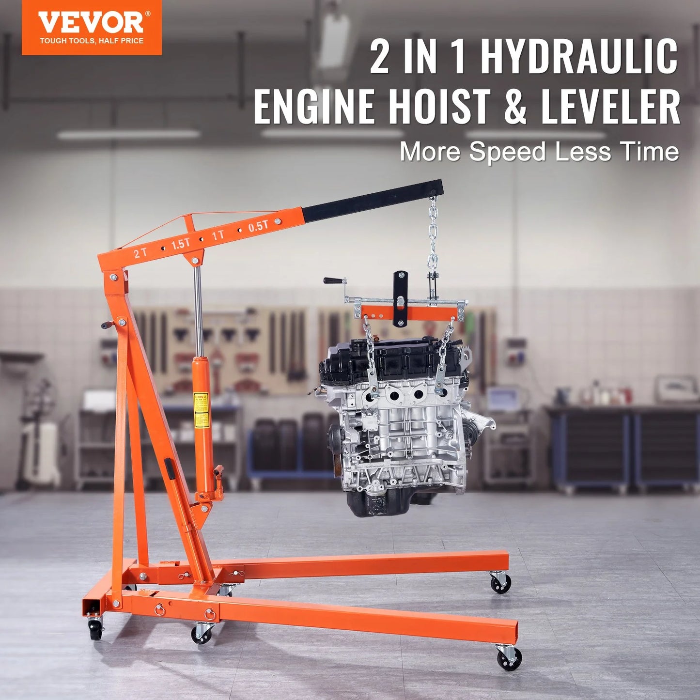 VEVOR Hydraulic Engine Hoist with Lever, 2 Ton/4400 LBS Heavy-Duty Cherry Picker Shop Crane, Foldable Engine Crane and Engine Hoist Leveler for Auto Repair, Motors, Weights Lifting, Loading