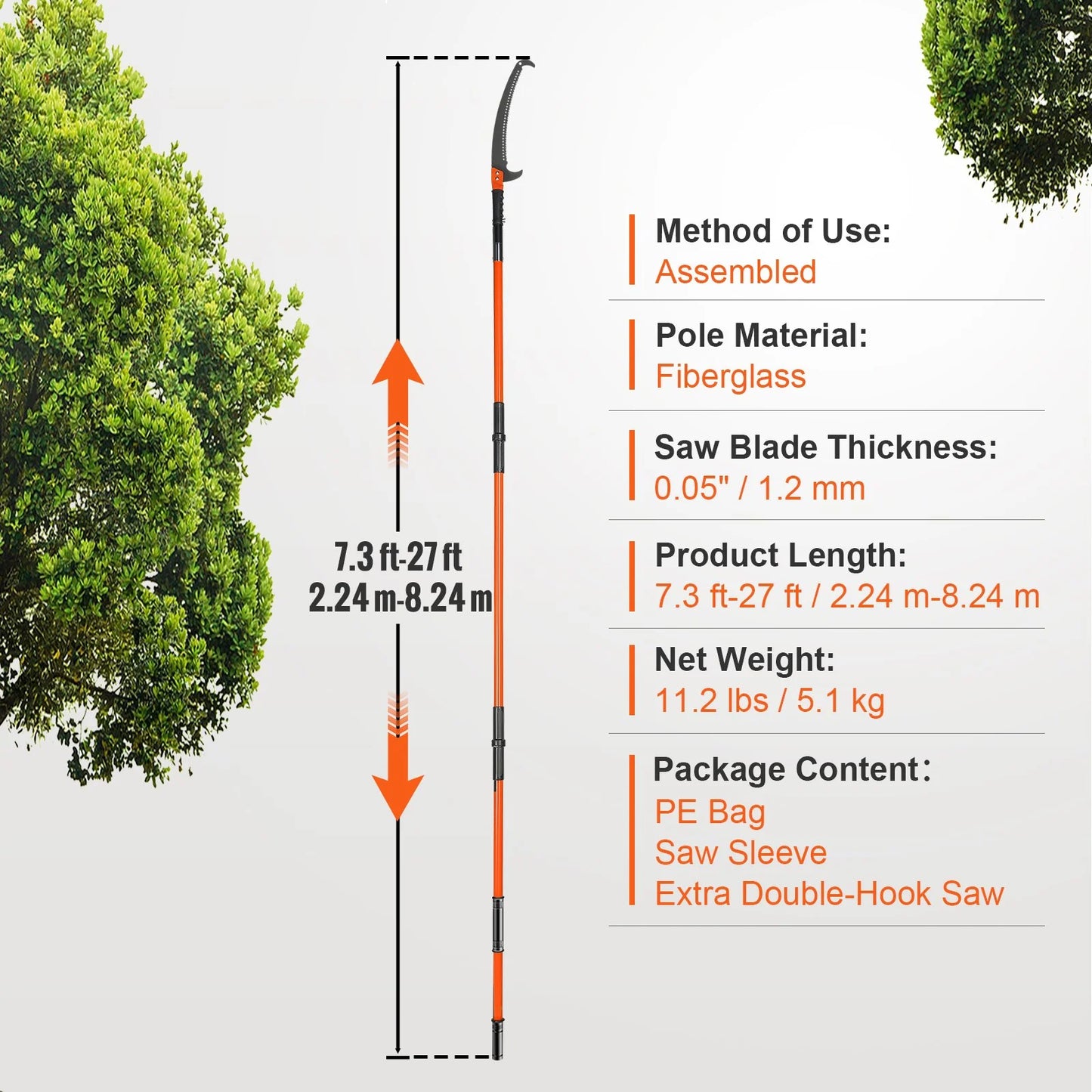 VEVOR Manual Pole Saw, 7.3-27 Ft Extendable Tree Pruner, Sharp Steel Blade High Branches Trimming, Manual Branch Trimmer with Lightweight 8 Fiberglass Handles, for Pruning Palms and Shrubs