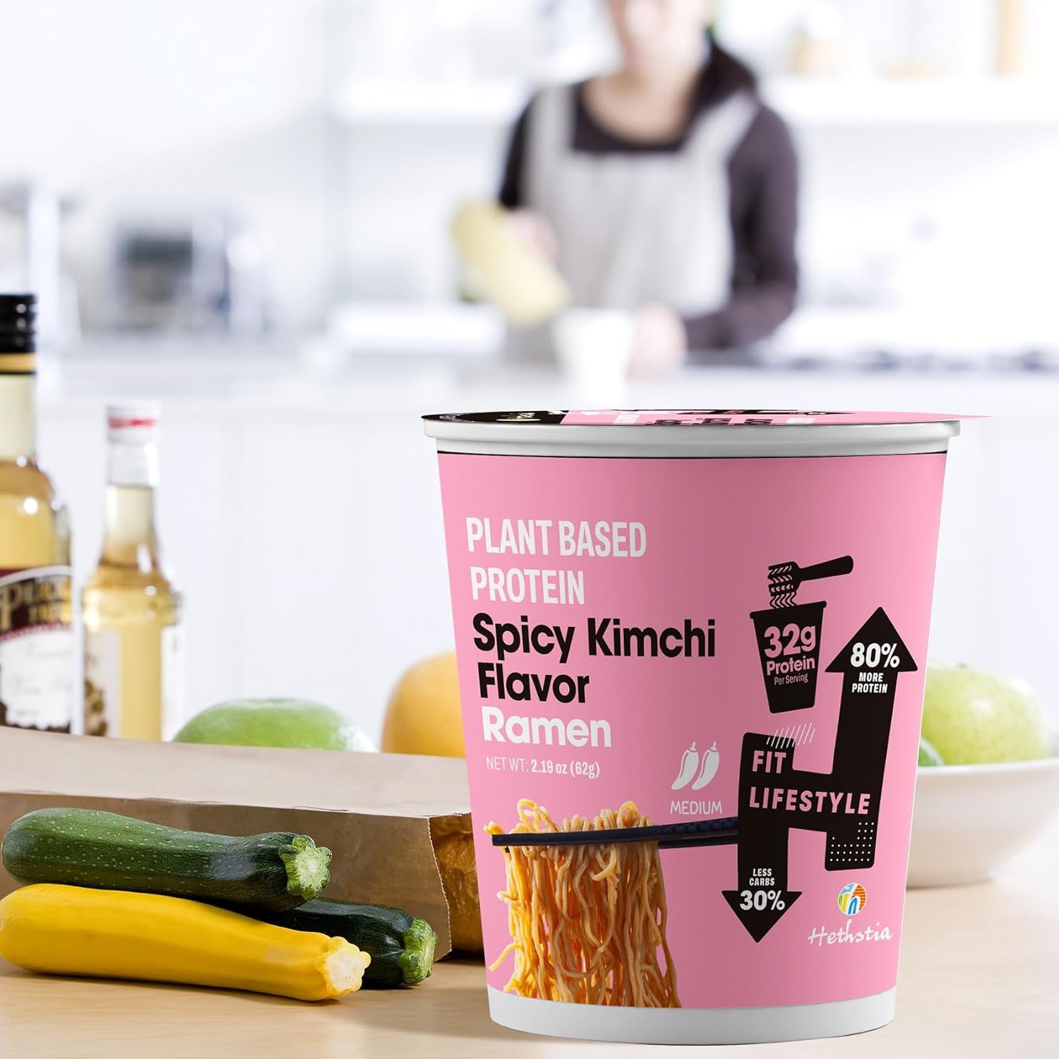 Protein Ramen, Spicy Kimchi Flavor, 6-Pack Instant Healthy Noodle Soup Cups, 32G Plant Protein, Vegan Pre-Packaged Ramen Meal, Low Fat, Non-Gmo, Non-Fried, Air-Dried, Healthy Noodle Broth