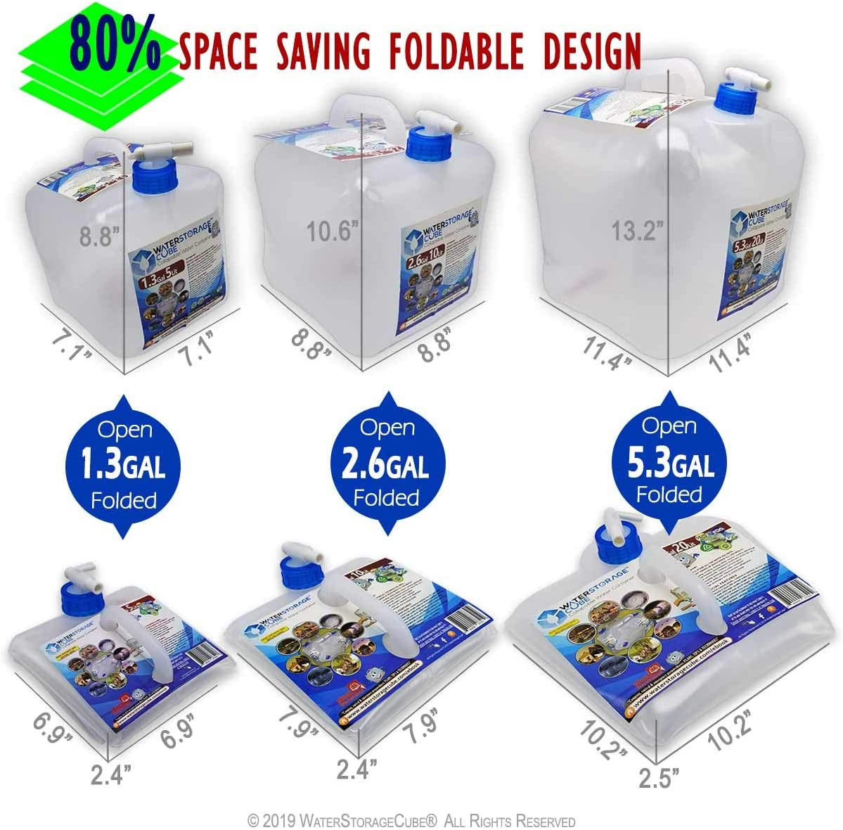 BPA Free Collapsible Water Container with Spigot, Camping Water Storage Carrier Jug for Outdoors Hiking Backpack & Survival Kit, Foldable Portable Water Canteen 1.3/2.6/5.3 Gallon