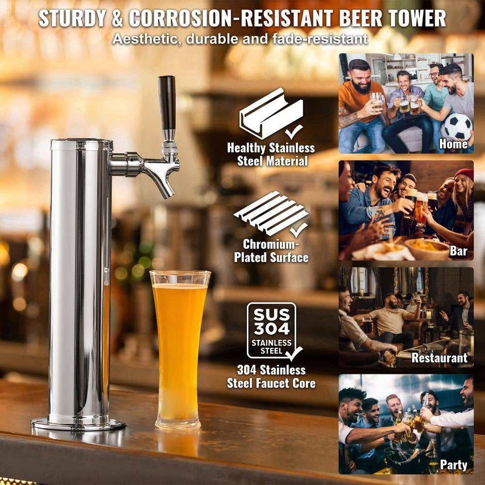 Kegerator Tower Kit Single Tap Beer Conversion Kit Keg Beer Tower Dispenser Silver Stainless Steel with Dual Gauge