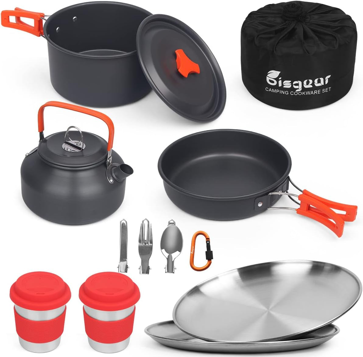 Camping Cookware Kettle Mess Kit - Camping Cooking Set Stainless Steel 18/8 Plates Cup with Lids &Sleeves Cutlery - Camping Pots and Pans Set - Backpacking Gear Camp Accessories Equipment