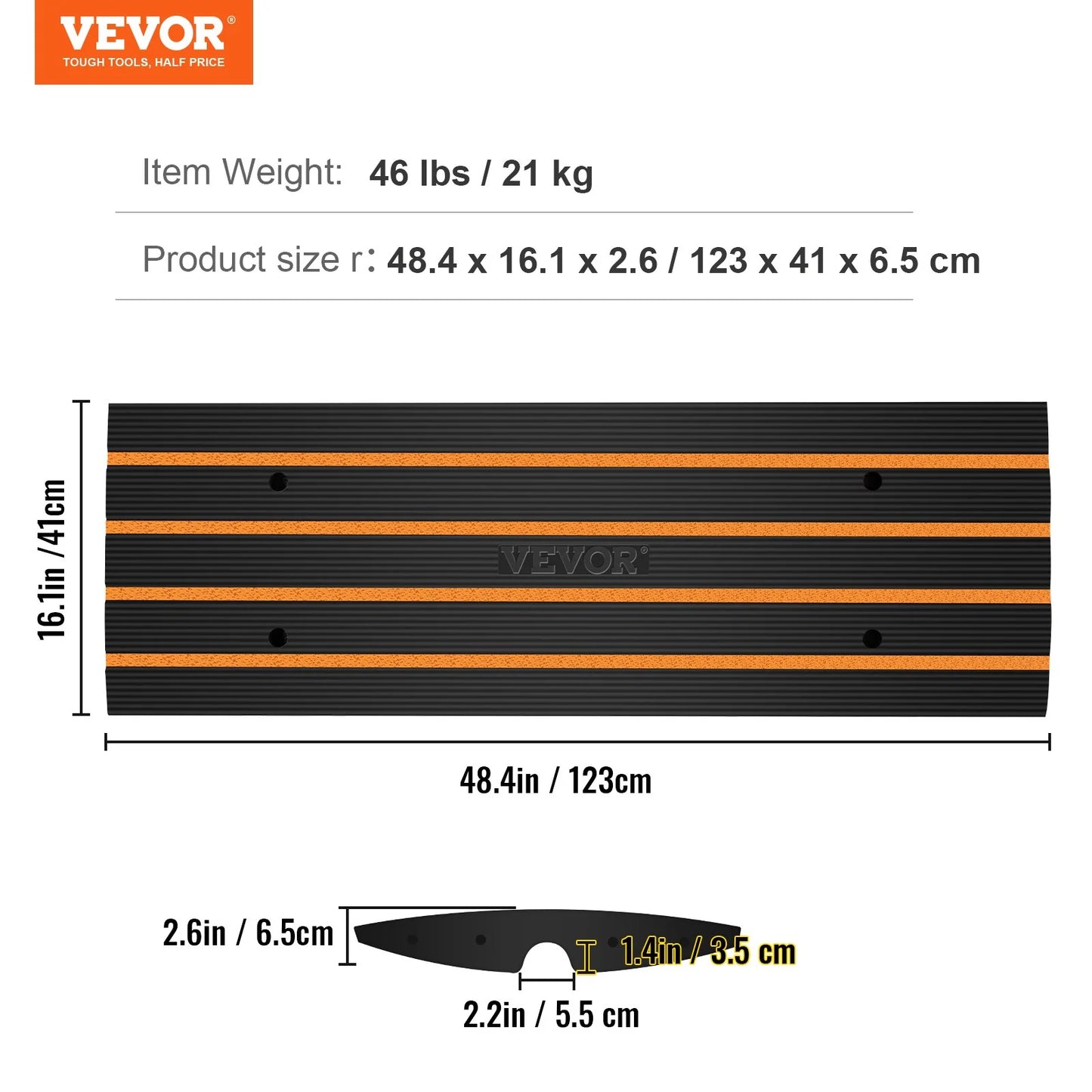 VEVOR Rubber Curb Ramp for Driveway 1 Pack, 15T Heavy Duty Sidewalk Curb Ramp, 2.6 Rise Height Cable Cover Curbside Bridge Ramp for Garage for Low Cars, Wheelchairs