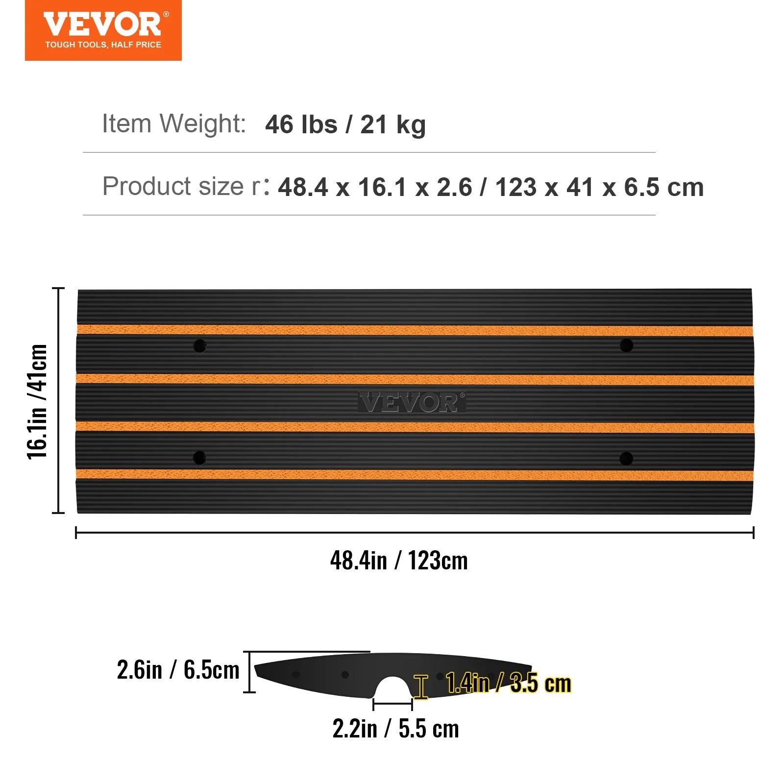 VEVOR Rubber Curb Ramp for Driveway 1 Pack, 15T Heavy Duty Sidewalk Curb Ramp, 2.6 Rise Height Cable Cover Curbside Bridge Ramp for Garage for Low Cars, Wheelchairs