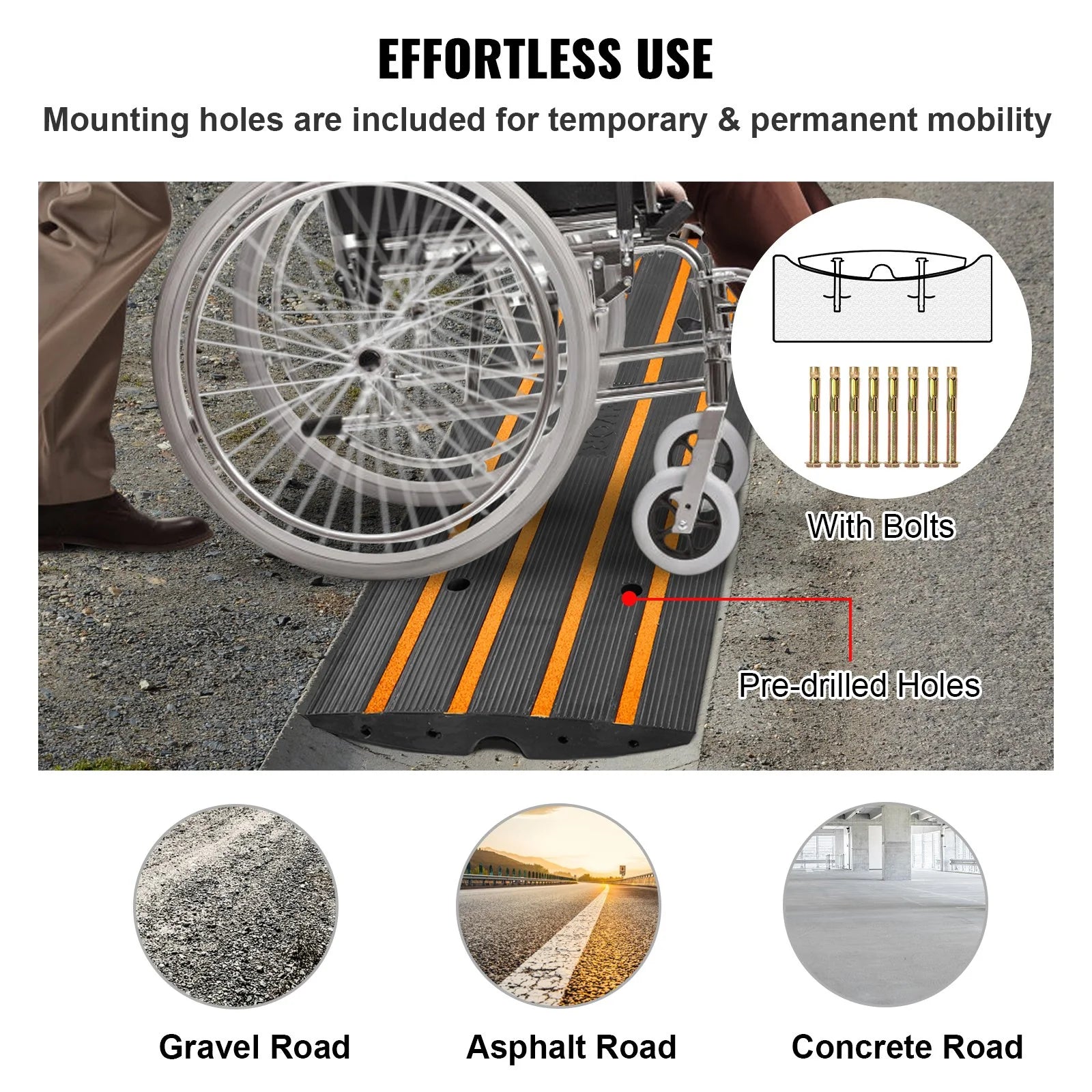 VEVOR Rubber Curb Ramp for Driveway 1 Pack, 15T Heavy Duty Sidewalk Curb Ramp, 2.6 Rise Height Cable Cover Curbside Bridge Ramp for Garage for Low Cars, Wheelchairs