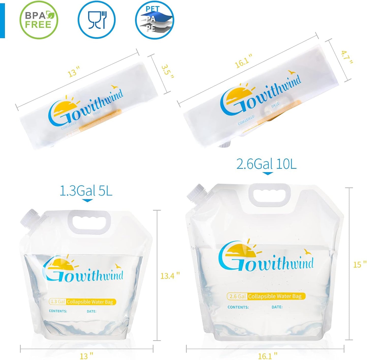 Collapsible Water Storage Container Bag, 2×2.6 Gallon Water Jugs, BPA Free Food Grade Plastic Bladder for Emergency Camping Hiking Backpack, No-Leak Freezable Foldable Water Bottles