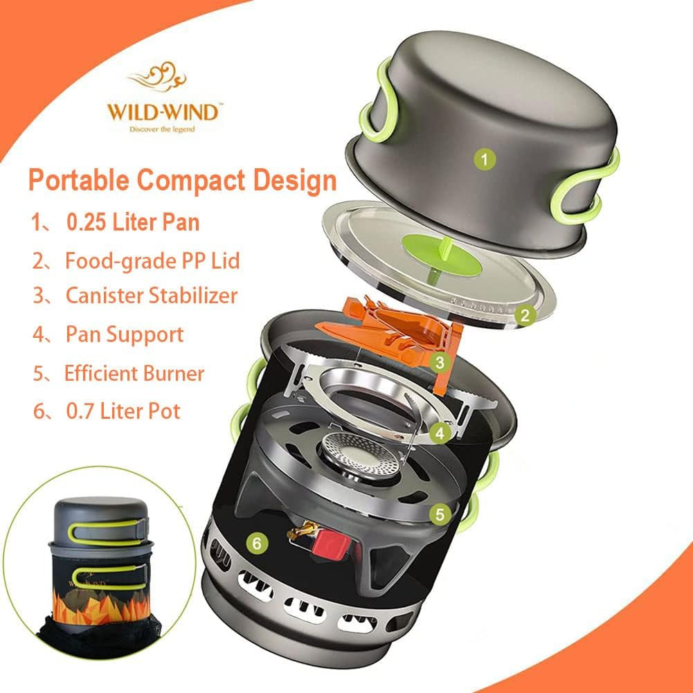 X2 Camping and Backpacking Stove Cooking System, Outdoor Portable Camp Gas Stoves Burner with 0.75L Pot & 0.25L Pan, Piezo Ignition, for Hiking, Fishing, Hunting, Orange