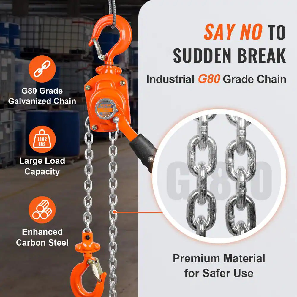 1/2 Ton Manual Lever Chain Hoist 5 Ft. Long Chain Hoist with 360° Rotation Hook and Double-Pawl Brake