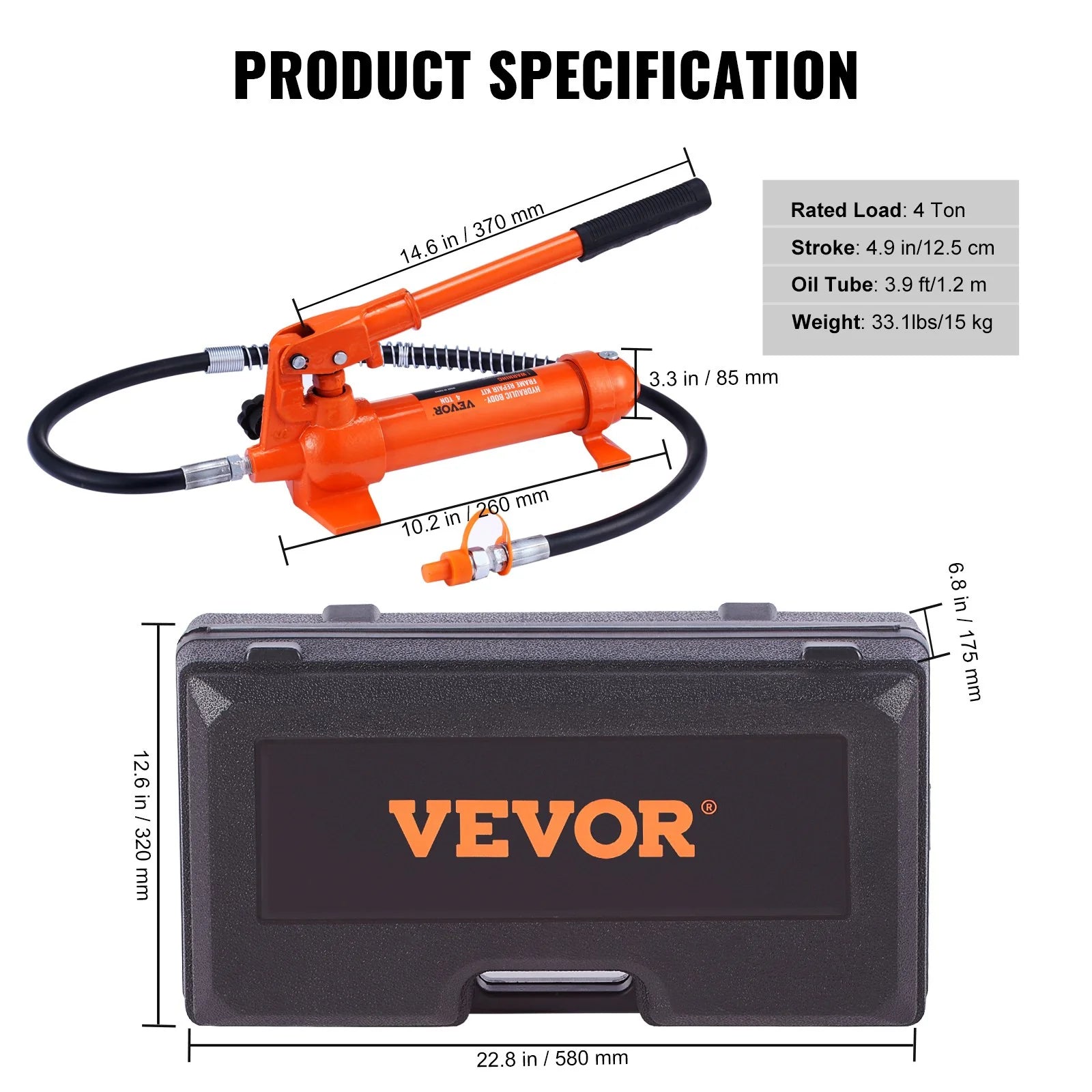 VEVOR 4 Ton/8800 LBS Porta Power, Portable Hydraulic Ram with 3.9 Ft/1.2 M Oil Hose, Auto Body Frame Repair Kit with Storage Case for Car Repair, Truck, Farm
