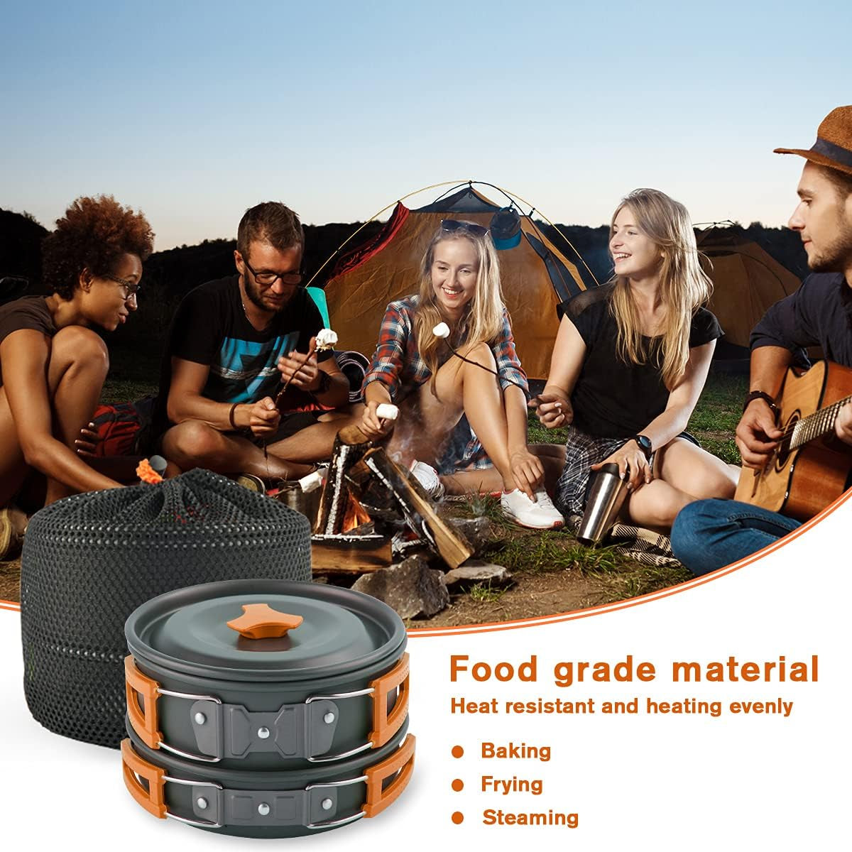 Camping Cookware Mess Kit for 1-3 Person Backpacking Cookware Set 12 Pcs Camping Pots and Pans Set with Mesh Bag for Outdoor Camping Backpacking Hiking Picnic