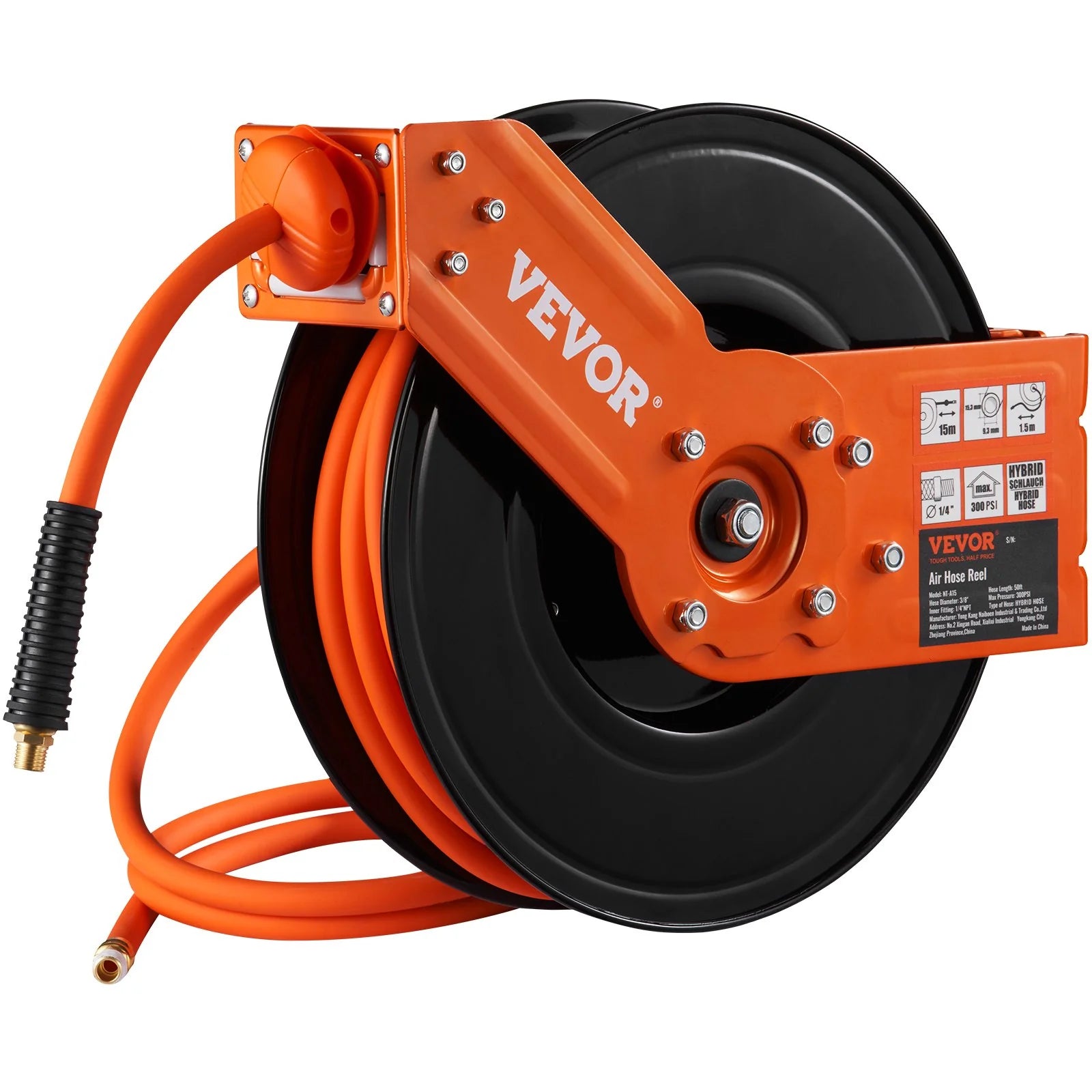 VEVOR Retractable Air Hose Reel, 3/8 in X 50 FT Hybrid Air Hose Max 300PSI, Air Compressor Hose Reel with 5 Ft Lead In, Ceiling / Wall Mount Heavy Duty Single Arm Steel Reel