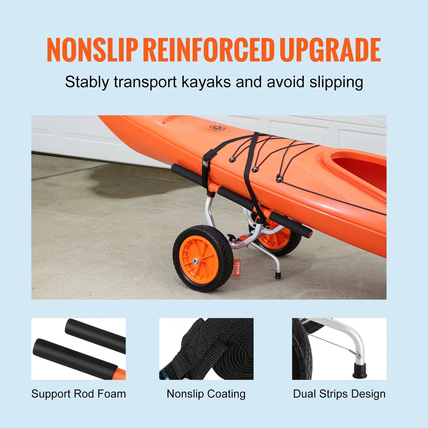 VEVOR Heavy Duty Kayak Cart, 450Lbs Load Capacity, Detachable Canoe Trolley Cart with 12'' Solid Tires, Adjustable Width & Nonslip Support Foot, for Kayaks Canoes Paddleboards Float Mats Jon Boats
