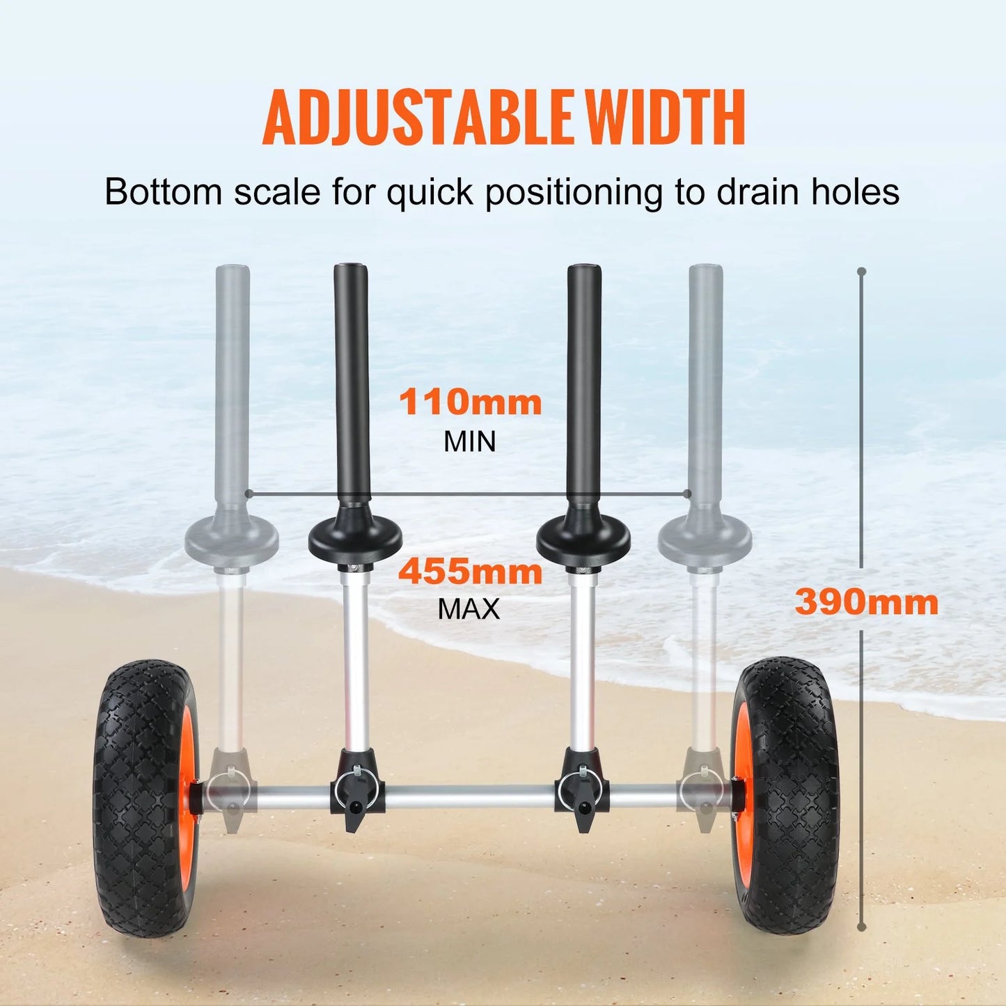 VEVOR Heavy Duty Kayak Cart, 280Lbs Load Capacity, Detachable Canoe Trolley Cart with 10'' Solid Tires, Adjustable Width & Top Foam Protection, for Kayaks with Drain Holes of 2.54Cm and Above