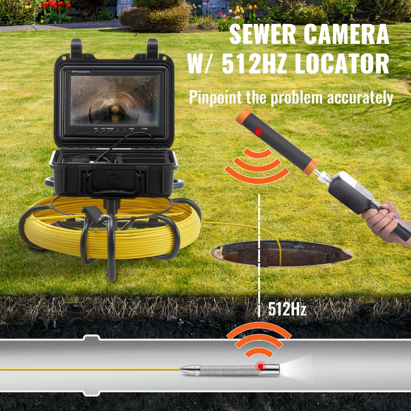 VEVOR Sewer Camera with 512Hz Locator, 165 Ft/50 M, 9 Pipeline Inspection Camera with DVR Function, IP68 Camera with 12 Adjustable Leds, a 16 GB SD Card for Sewer Line, Home, Duct Drain Pipe Plumbing