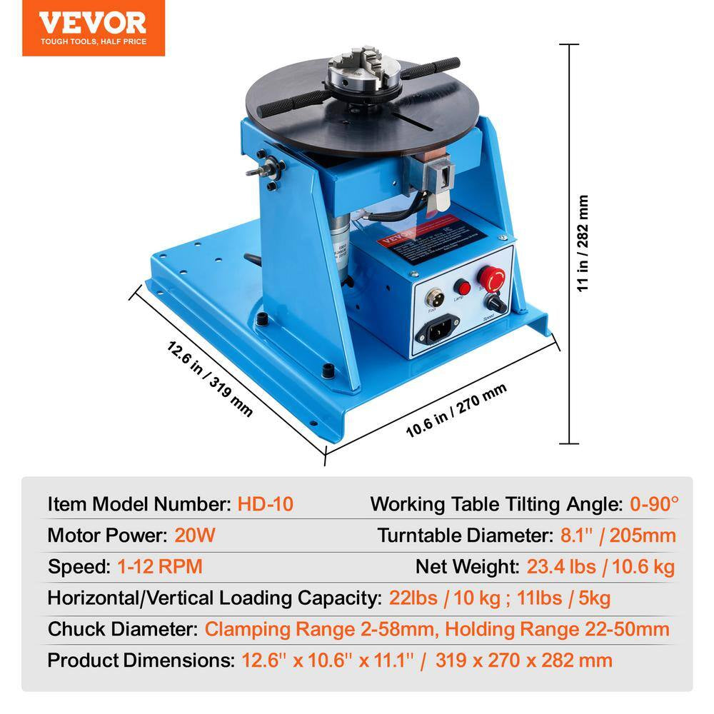 Rotary Welding Positioner 10KG 0-90° Welding Turntable Table with 8.1 In. 3-Jaw Lathe Chuck 1 to 12 RPM 20W for Welding