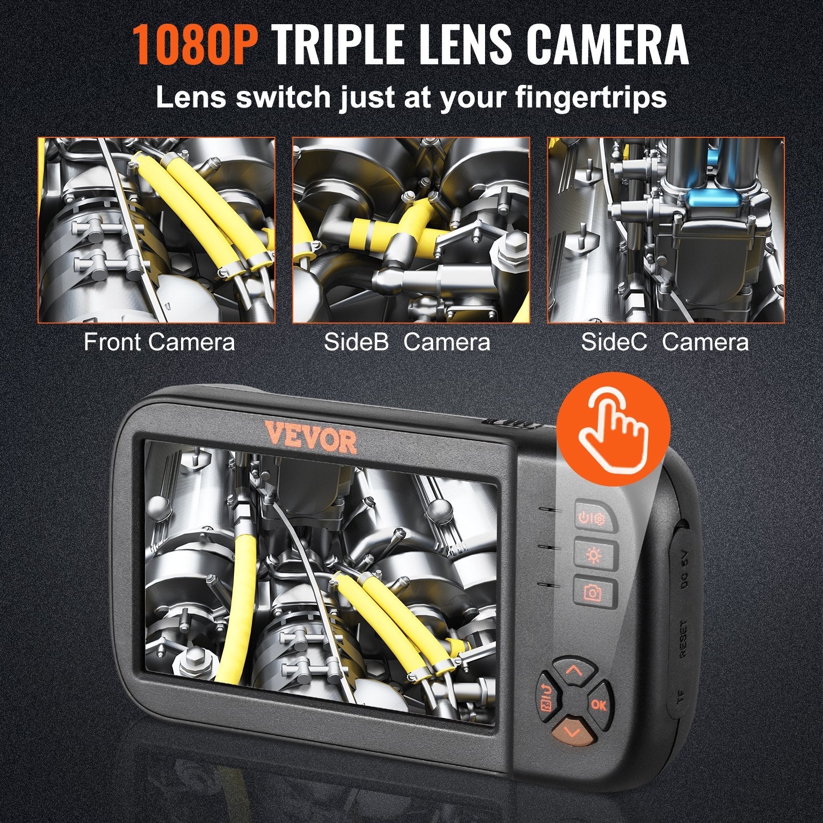 VEVOR Borescope Camera, Triple Lens Endoscope Camera with Light, 4.5 Screen 1080P Inspection Camera with 10 LED Light, IP67 Waterproof Drain Snake Camera for Auto, Plumbing (16.5FT Cable, 32GB Card)
