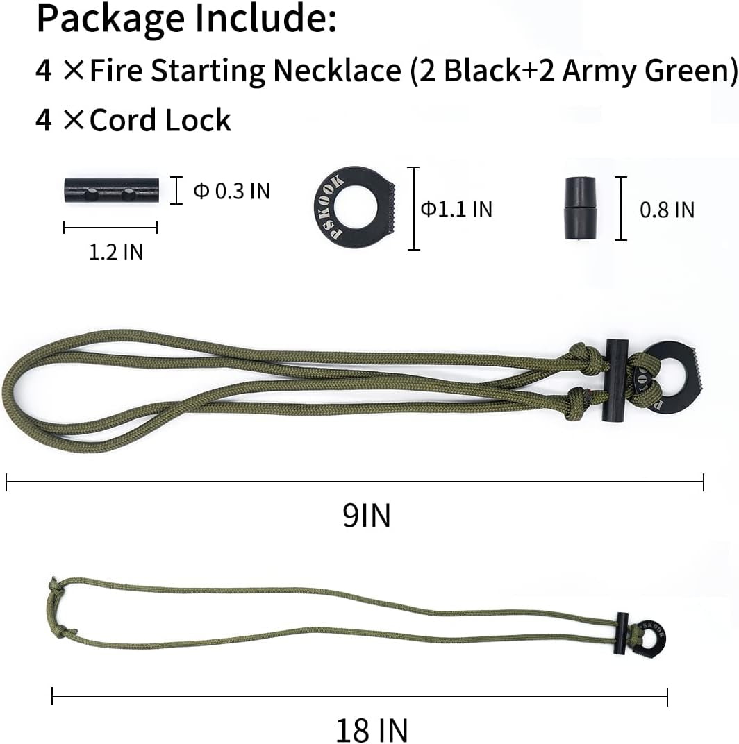 Fire Starter Necklace, Survival Paracord Necklace with Flint and Steel, Bushcraft Necklace for Camping, Hiking and Backpacking