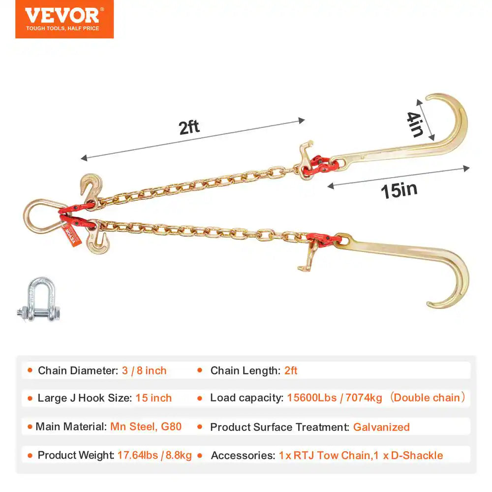 G80 V Bridle Chain, 3/8 In. Towing Chain Bridle J Hooks, T Hooks and Grab Hooks, Chain with 7800 Lbs.
