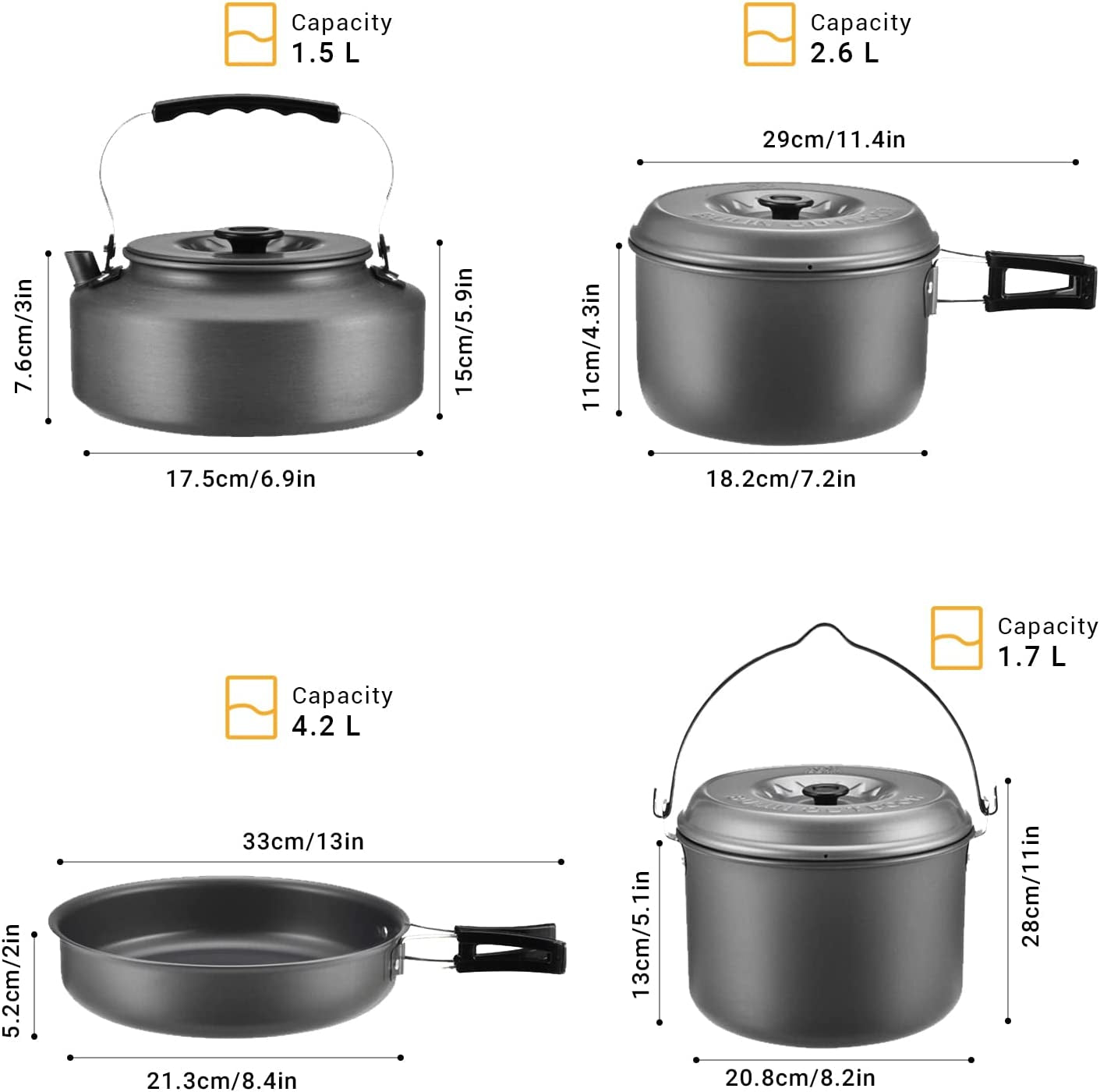 13Pcs Camping Cookware Mess Kit, Nonstick Backpacking Cooking Set, Outdoor Cook Gear for Family Hiking, Picnic Lightweight Cookware Sets(Kettle, Pots, Frying Pan, Bpa-Free Bowls, Plates, Spoon)
