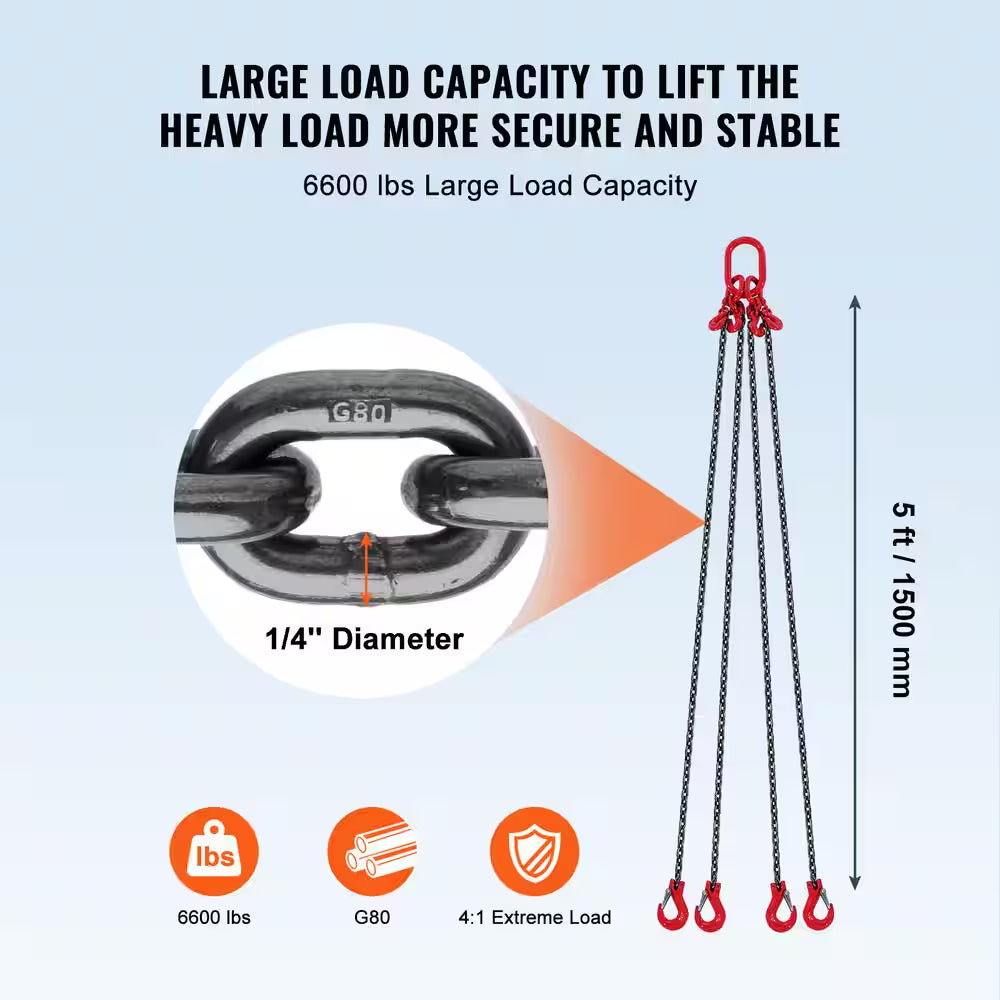 Chain Sling,1/4 In. X 5 Ft. Lifting Chains with Hooks,G80 Engine Chain Hoist Lifts, 6600 Lbs./3 Ton Lifting Sling Chains