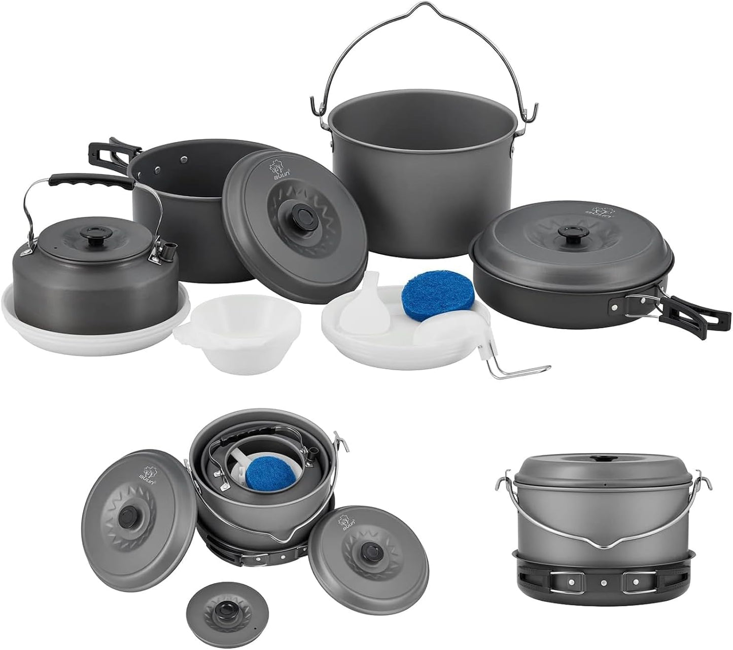 13Pcs Camping Cookware Mess Kit, Nonstick Backpacking Cooking Set, Outdoor Cook Gear for Family Hiking, Picnic Lightweight Cookware Sets(Kettle, Pots, Frying Pan, Bpa-Free Bowls, Plates, Spoon)