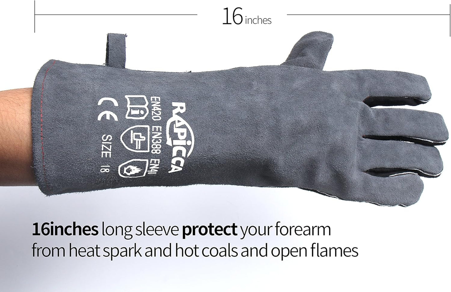 Fireplace Gloves Fire Heat Resistant: Grey 16IN 662℉- Fireproof Leather for Fireplace Fire Pit Wood Stove Campfire Furnace BBQ Grill Oven Stick Mig Welding Welder Gear - Birthday Gift for Men