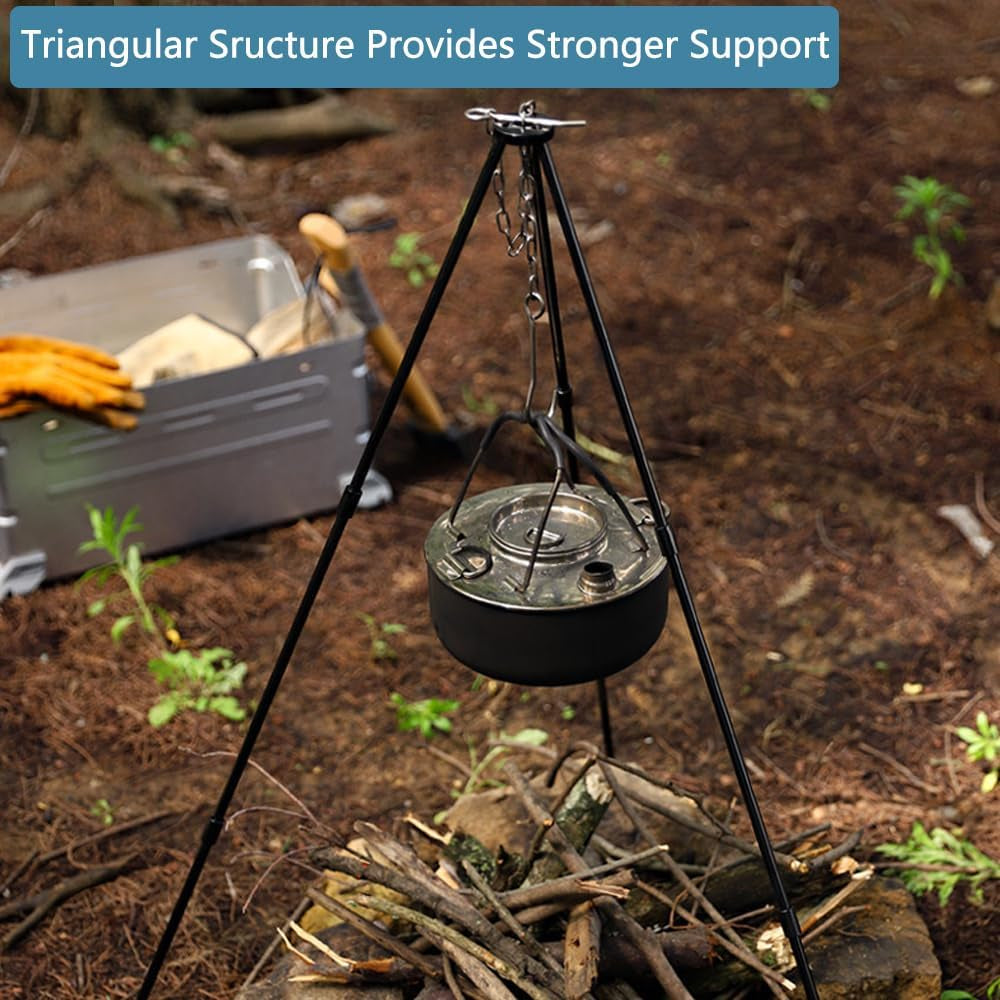 31.5" Camping Tripod 3 Sections Aluminum Telescopic Campfire Tripods Portable Outdoor Cooking Tripod with Adjustable Suspension Chain and Carrying Bag for Camping(Black)