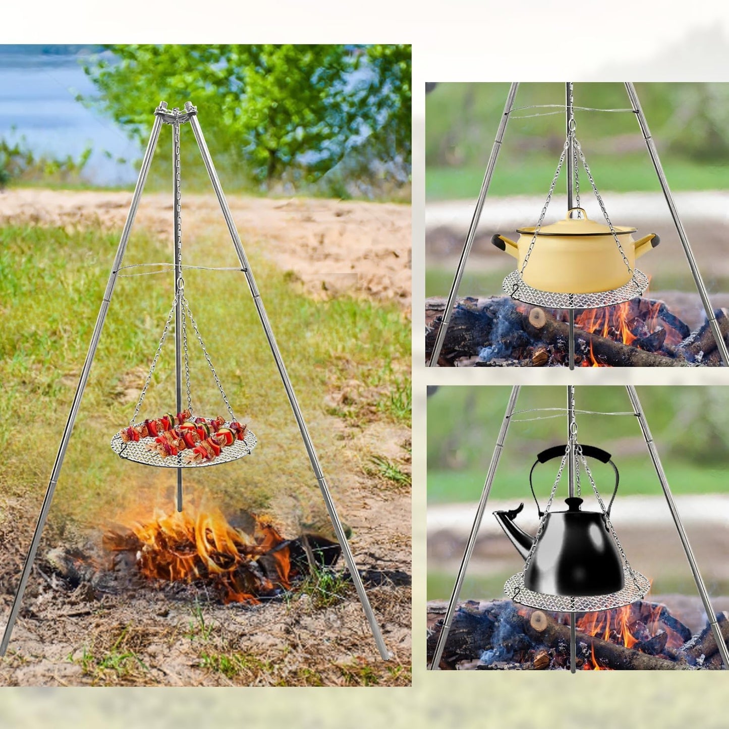 Camp Fire Tripod for Cooking, Stainless Steel Camping Fire Grill with Adjustable