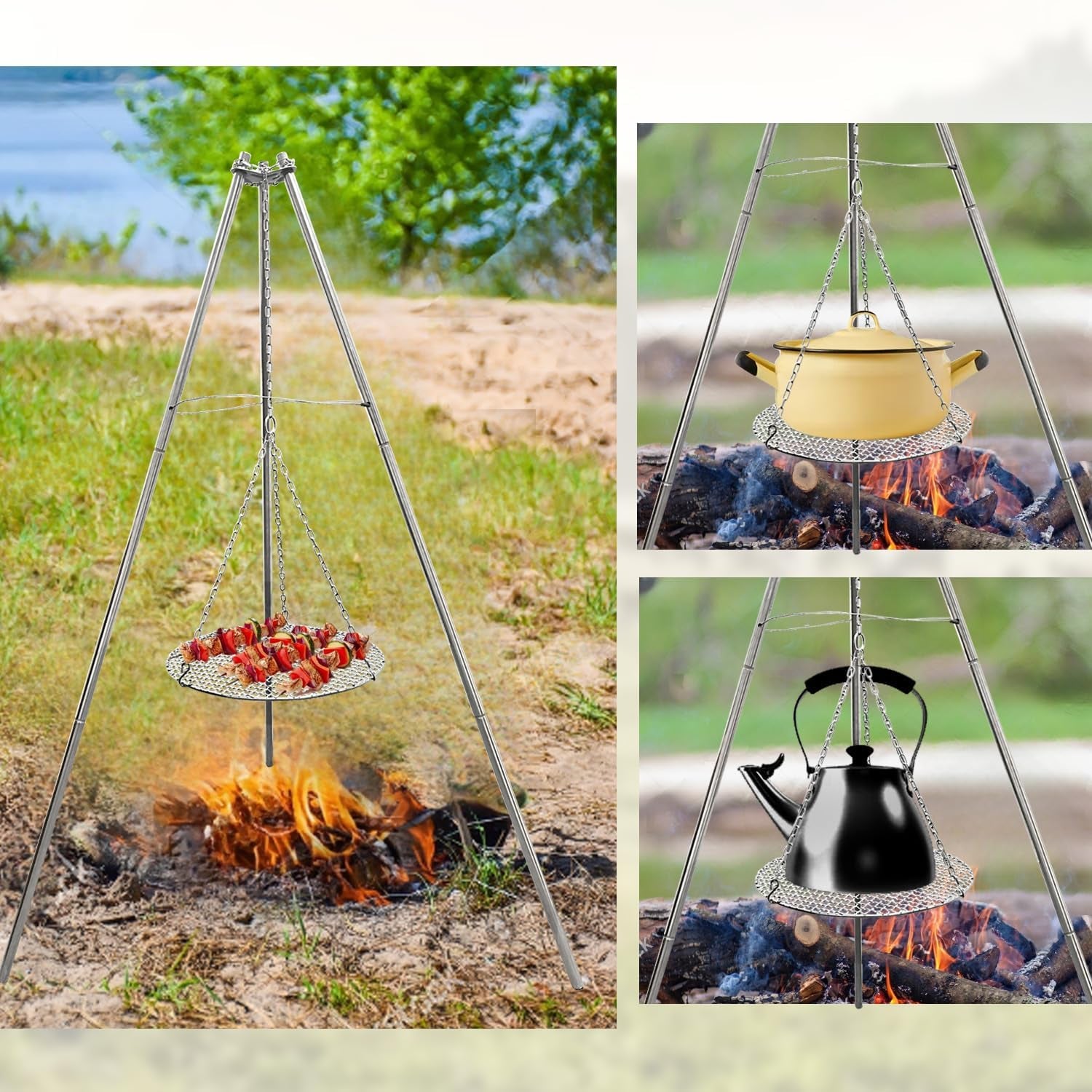 Camp Fire Tripod for Cooking, Stainless Steel Camping Fire Grill with Adjustable