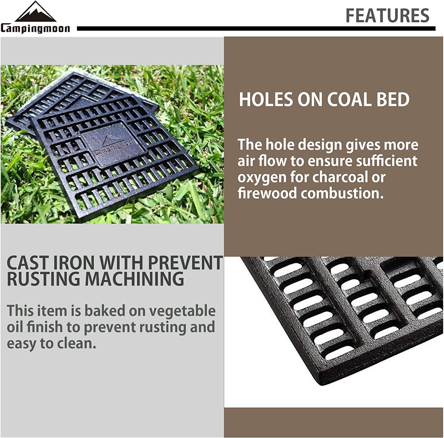 CAMPINGMOON Cast Iron Coal Bed Charcoal Fire Grate 6.89X6.89-Inch T-175
