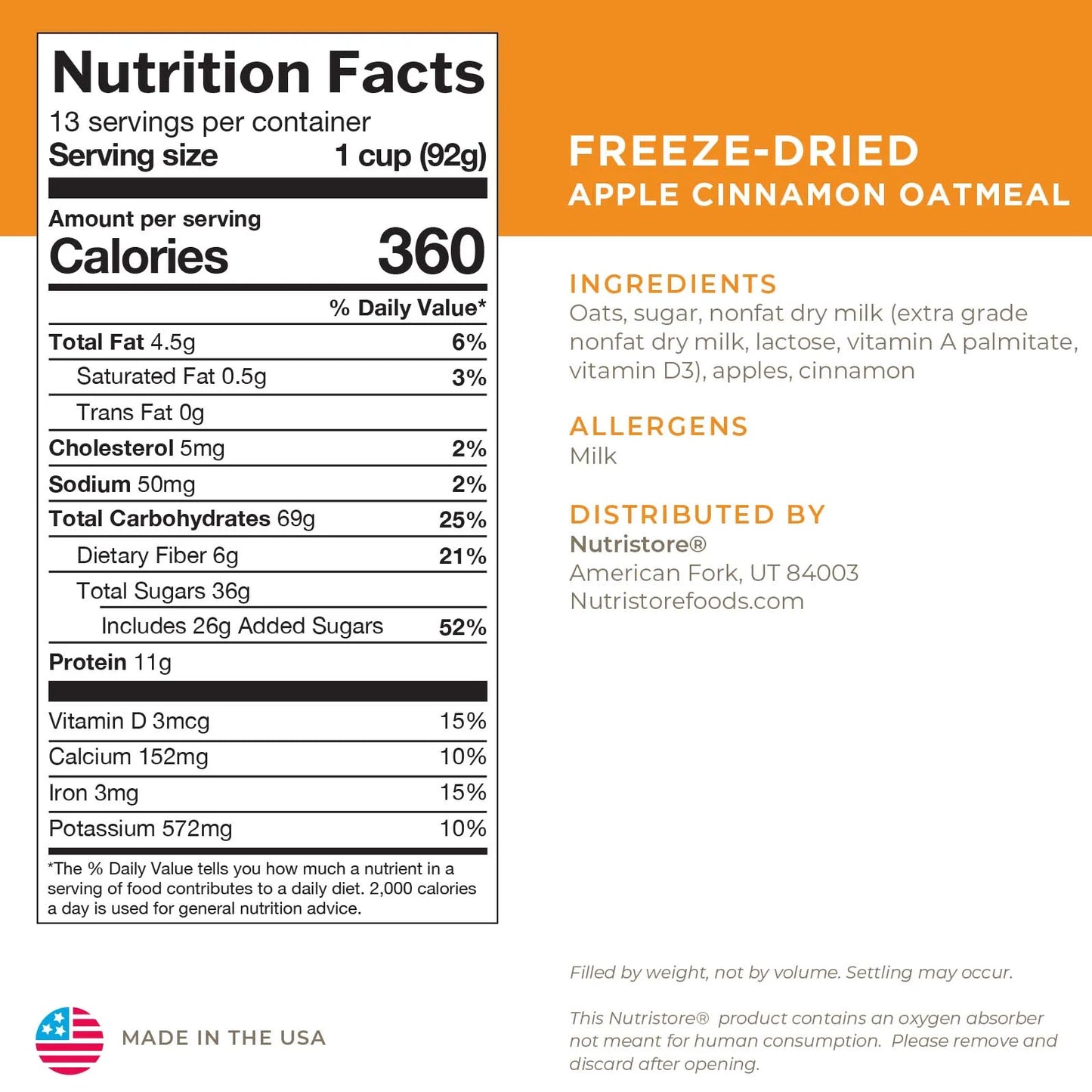 | Freeze-Dried Apple Cinnamon Oatmeal | Emergency Survival Bulk Food Storage Meal | Perfect for Everyday Quick Meals or Long-Term Storage | 25 Year Shelf Life