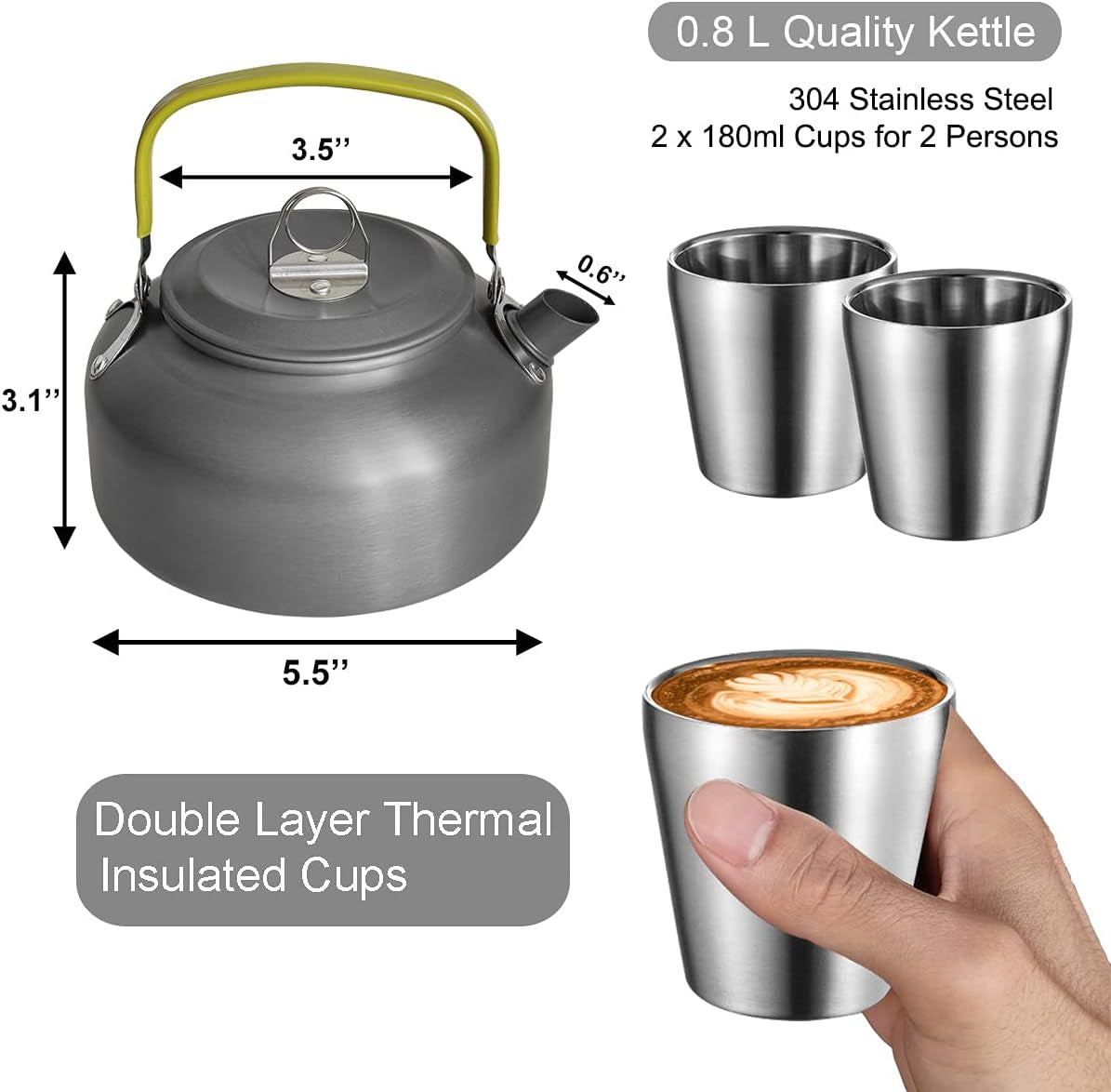 10Pcs Camping Cookware Mess Kit, Lightweight Pot Pan Kettle with 2 Cups, Fork Spoon Kit for Backpacking, Outdoor Camping Hiking and Picnic