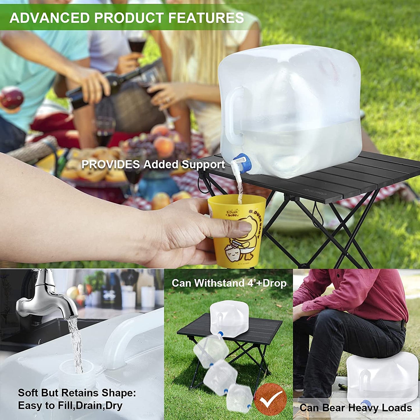 Collapsible Water Container with Spigot, BPA Free Storage Jug Canteen for Outdoor Camping Hiking & Emergency Survival Kit, Foldable Portable