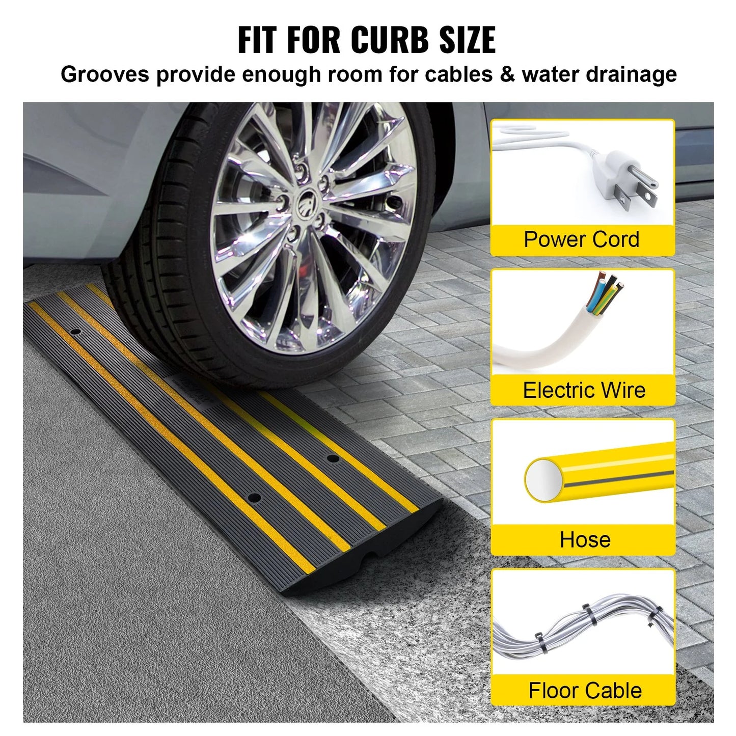 VEVOR Rubber Curb Ramp for Driveway 1 Pack, 15T Heavy Duty Sidewalk Curb Ramp, 2.6 Rise Height Cable Cover Curbside Bridge Ramp for Garage for Low Cars, Wheelchairs