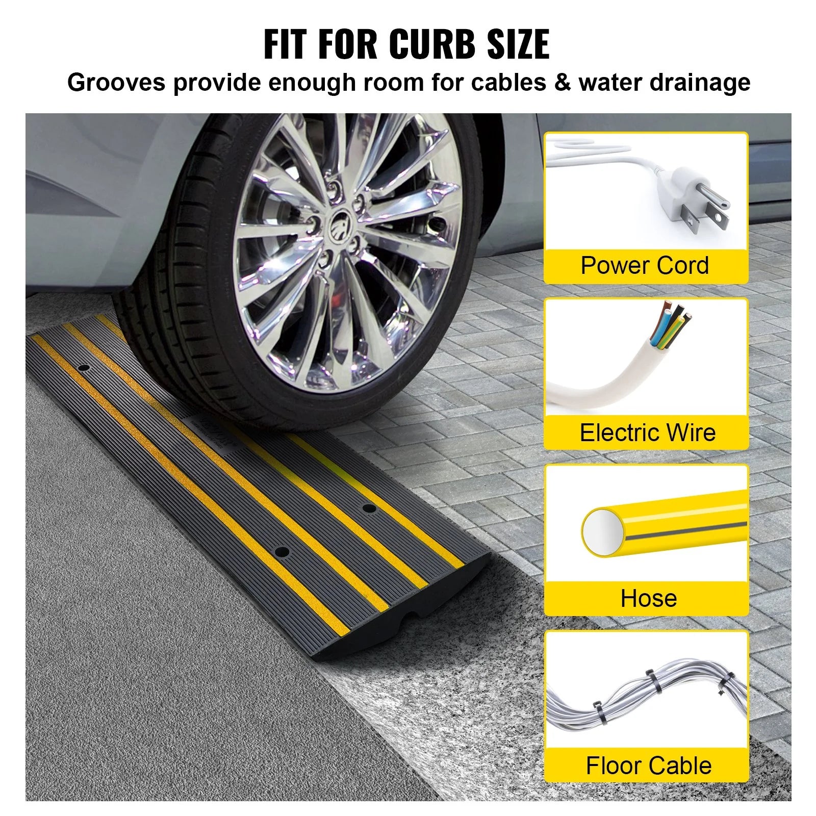 VEVOR Rubber Curb Ramp for Driveway 1 Pack, 15T Heavy Duty Sidewalk Curb Ramp, 2.6 Rise Height Cable Cover Curbside Bridge Ramp for Garage for Low Cars, Wheelchairs