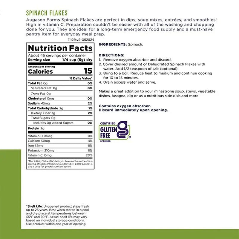 Dehydrated Spinach Flakes 8 Oz No.10 Can
