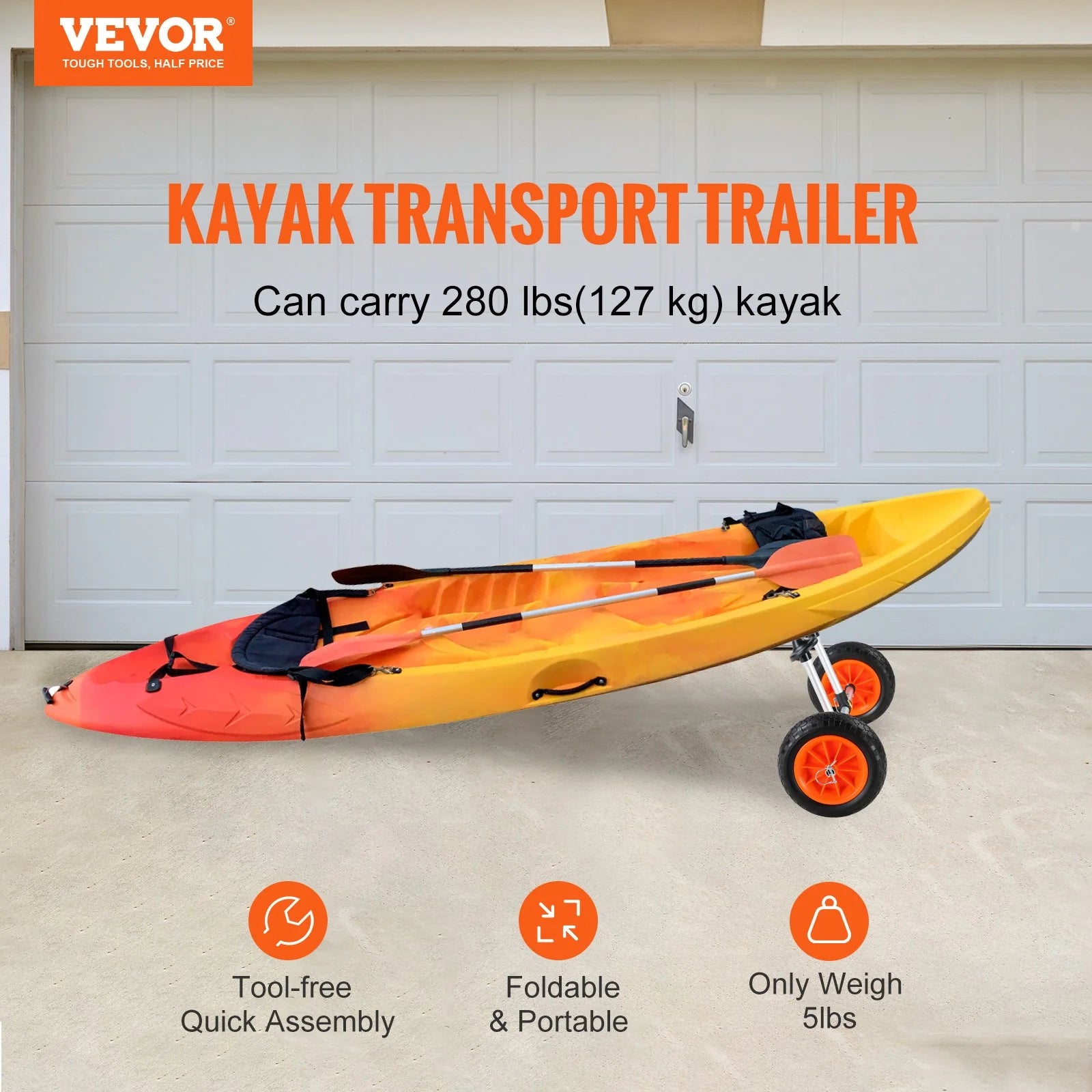 VEVOR Heavy Duty Kayak Cart, 280Lbs Load Capacity, Detachable Canoe Trolley Cart with 10'' Solid Tires, Adjustable Width & Top Foam Protection, for Kayaks with Drain Holes of 2.54Cm and Above