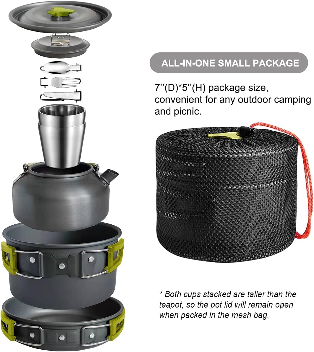 10Pcs Camping Cookware Mess Kit, Lightweight Pot Pan Kettle with 2 Cups, Fork Spoon Kit for Backpacking, Outdoor Camping Hiking and Picnic