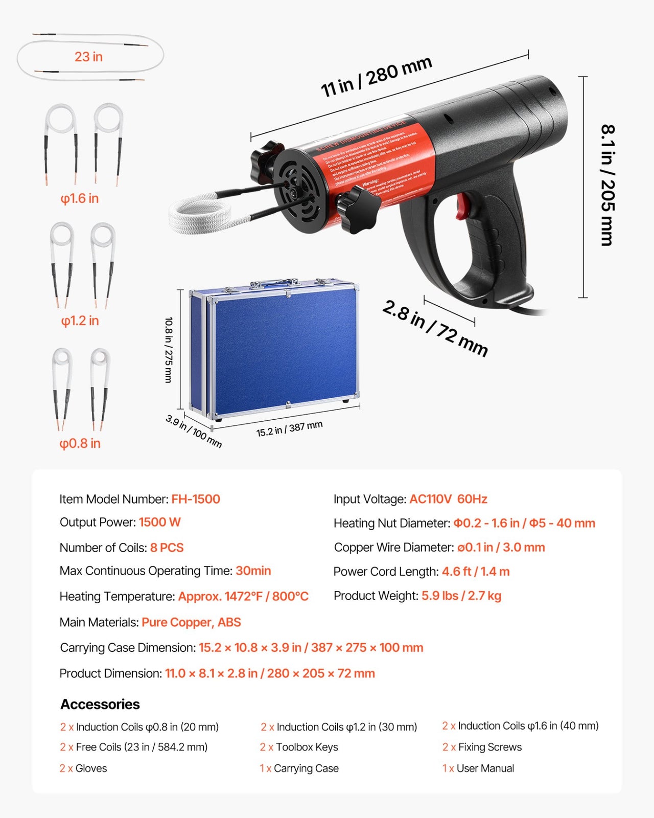 Induction Heater Bolt Removal Tool 1500W 110V Handheld Kit W/ 8 Coils & Case