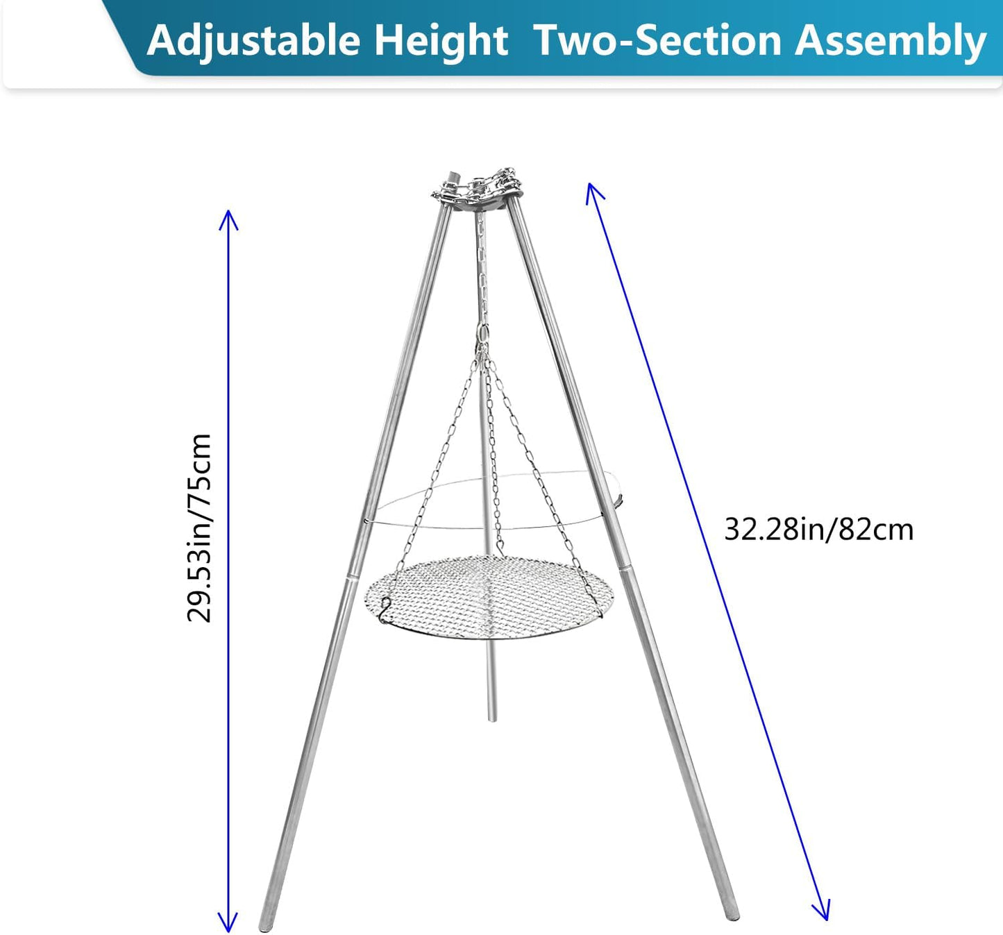 Camp Fire Tripod for Cooking, Stainless Steel Camping Fire Grill with Adjustable