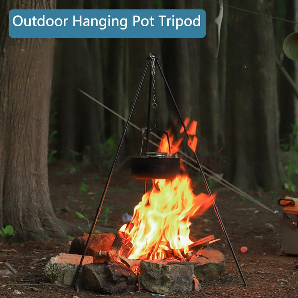 31.5" Camping Tripod 3 Sections Aluminum Telescopic Campfire Tripods Portable Outdoor Cooking Tripod with Adjustable Suspension Chain and Carrying Bag for Camping(Black)