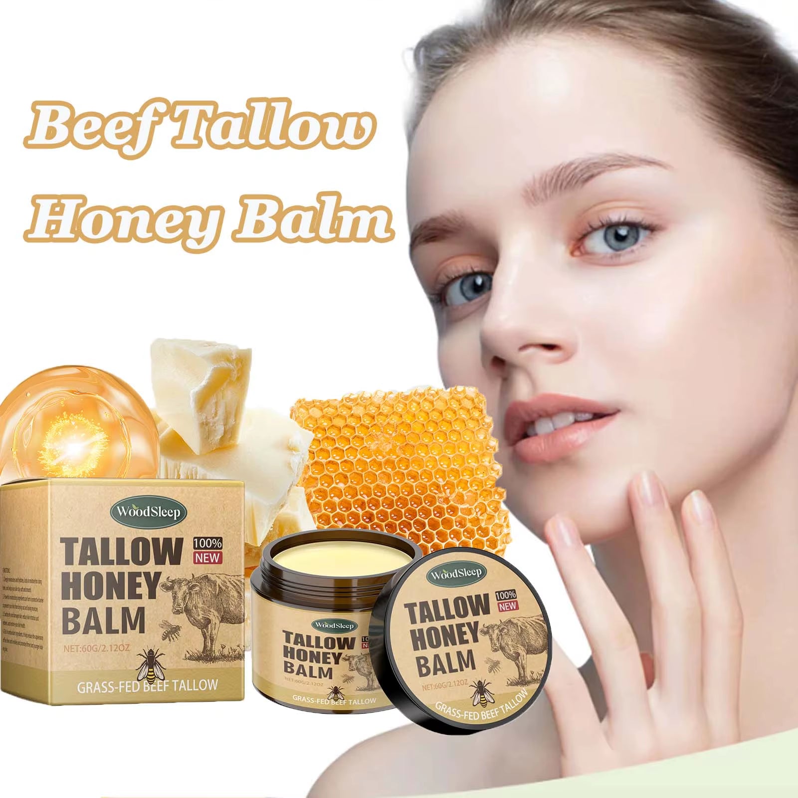 Beef Tallow Honey Balm Moisturizing Hydrating Face Cream Body Lotion Fades Fine Lines Tighten Soothen Brightening Facial Skin