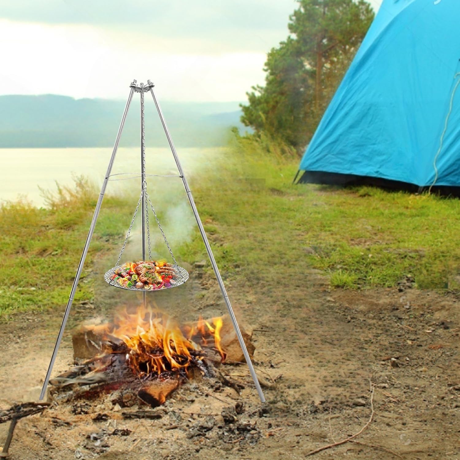 Camp Fire Tripod for Cooking, Stainless Steel Camping Fire Grill with Adjustable