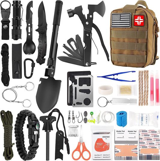 Emergency Survival Kit and First Aid Kit, 142Pcs Professional Survival Gear and Supplies Equipment with Molle Pouch, Gift for Christmas Men Dad Husband Camping Hiking Hunting Outdoor Adventure